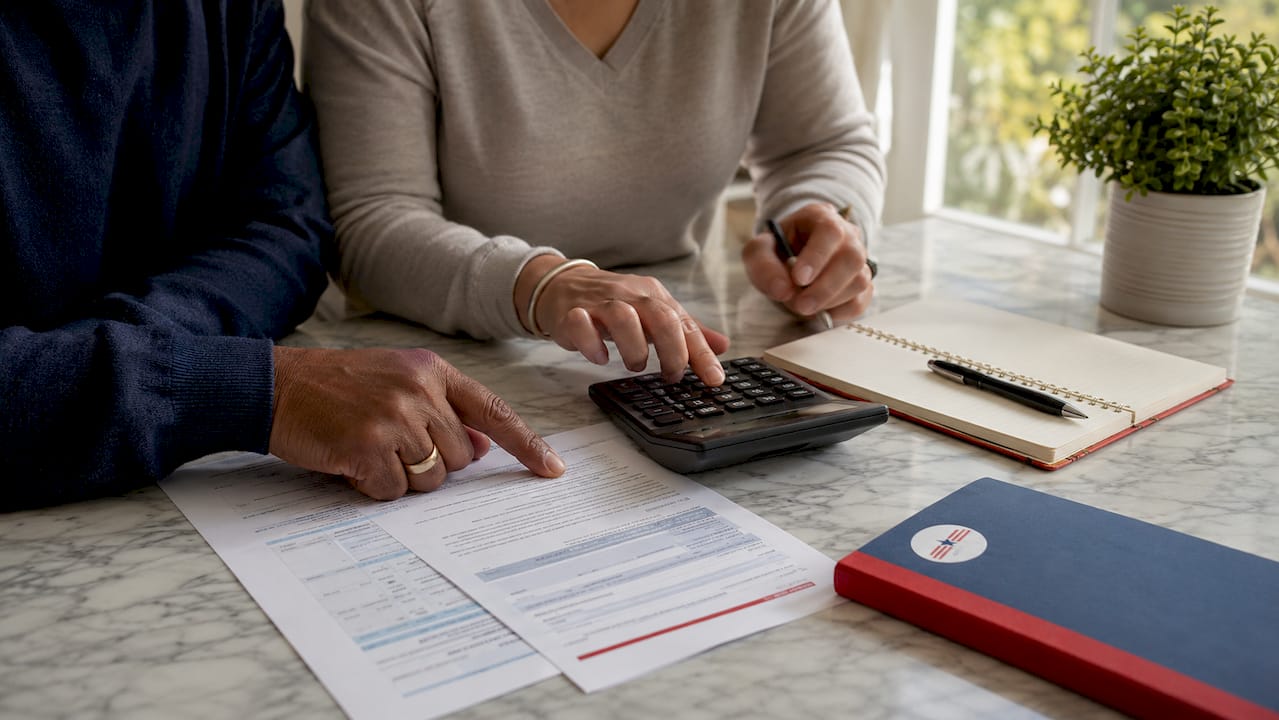 Hands reviewing Medicare policy and calculator
