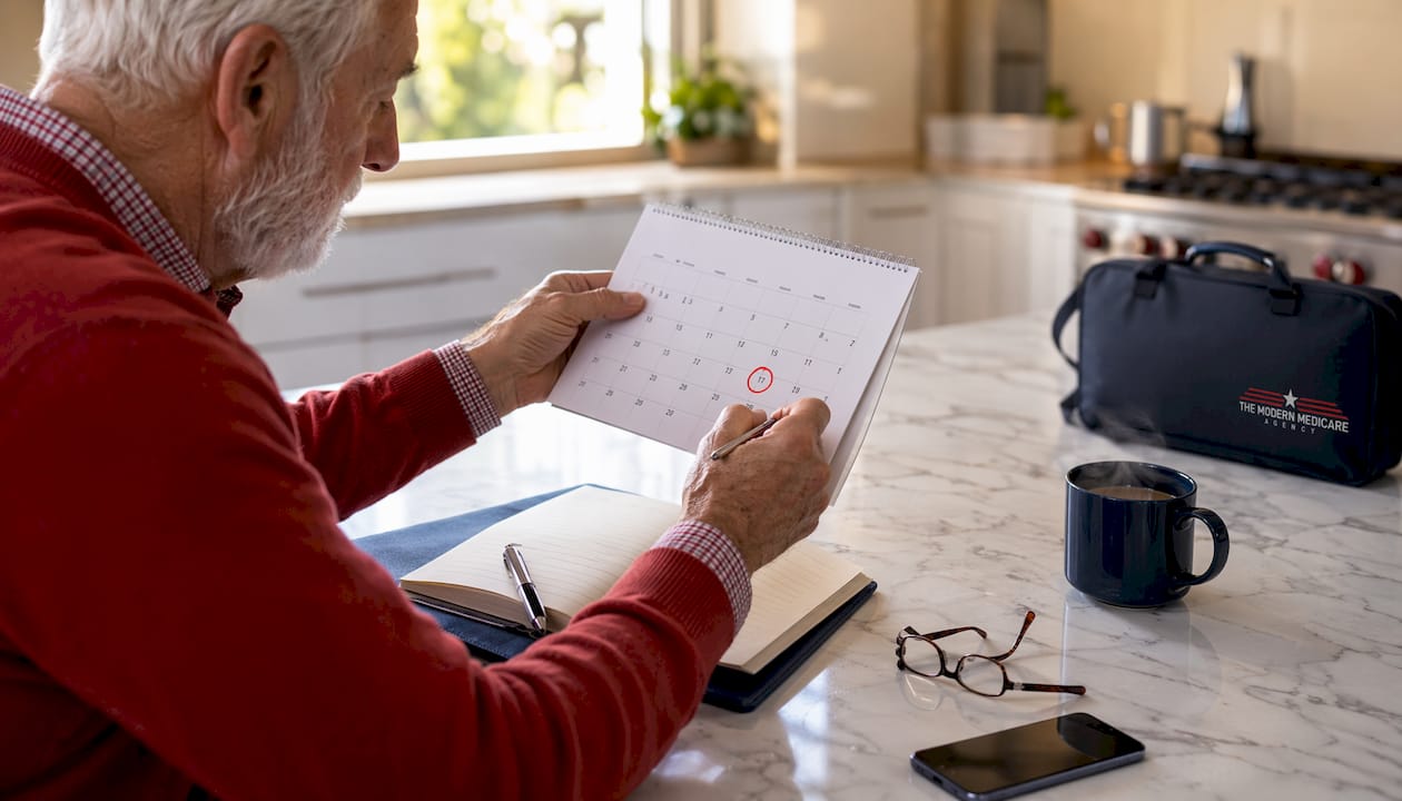 Hands marking Medicare enrollment date on calendar