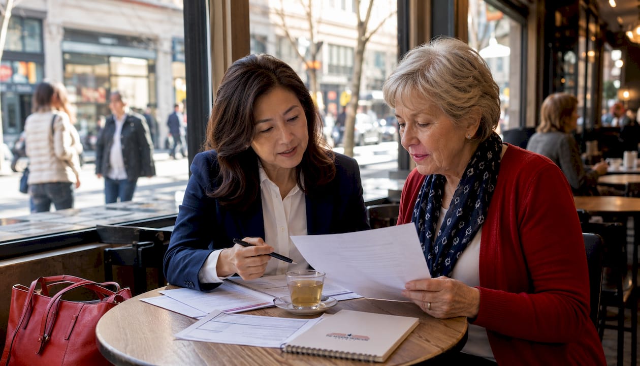 Two women discussing Medicare and employer benefits in office