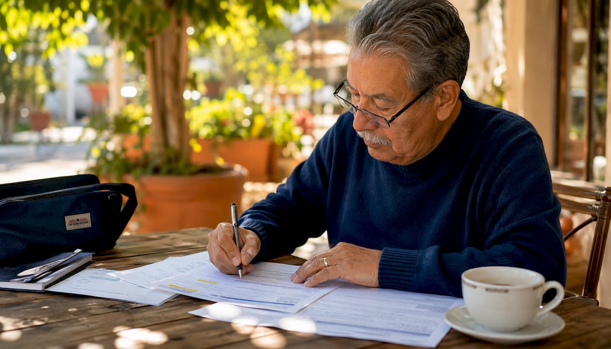 Man reviewing Medicare enrollment paperwork at kitchen table