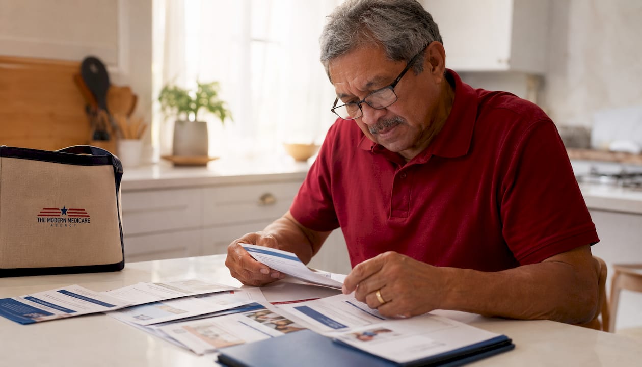 Close-up of hands sorting Medicare cards and brochures