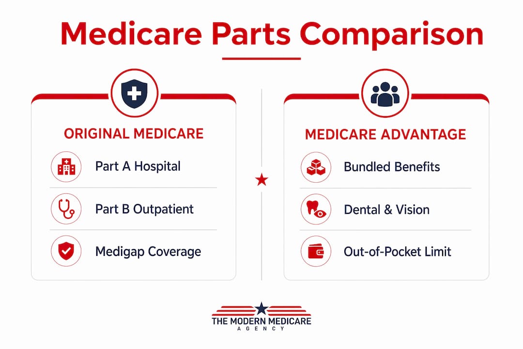 Infographic comparing Original Medicare and Medicare Advantage coverage options