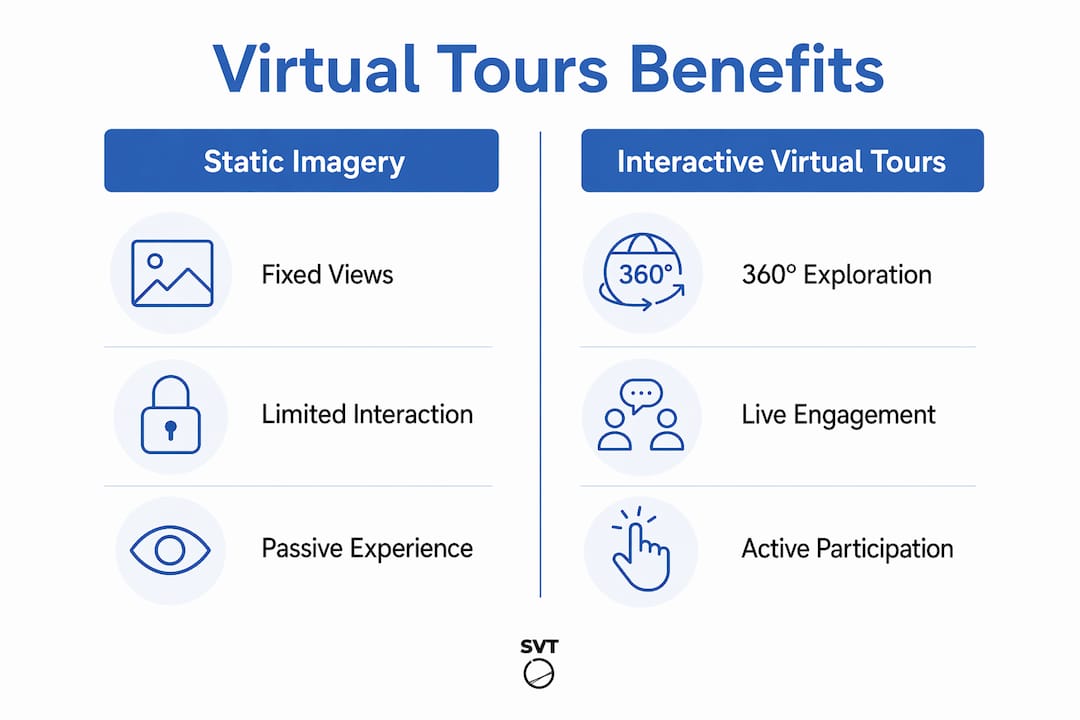 Infographic comparing static imagery vs interactive virtual tours