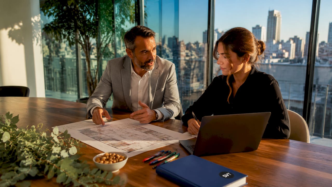 Event planners navigating venue layout with device