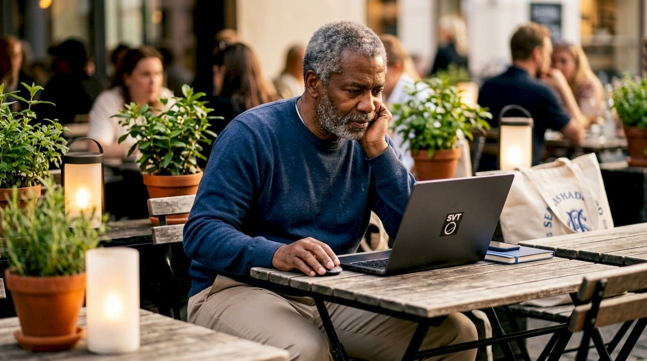 Man navigating virtual tour software on laptop