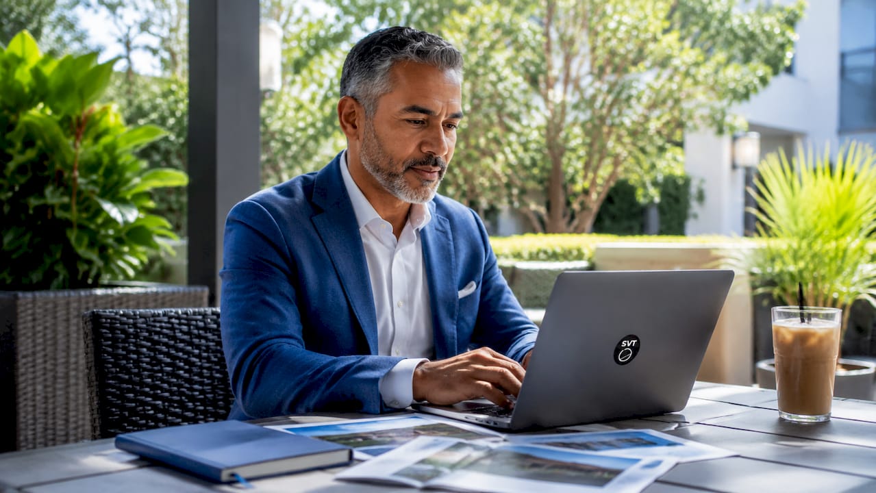 Realtor typing on laptop in coffee shop