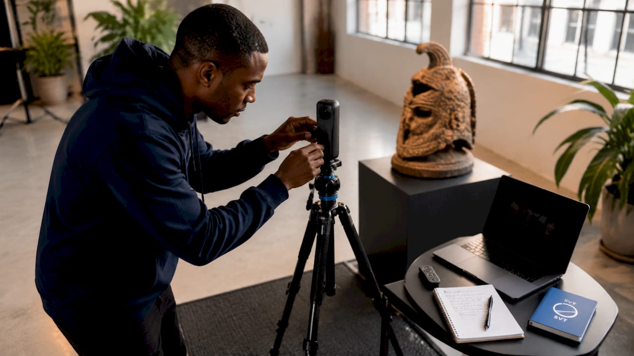Photographer calibrating 360-degree camera in studio