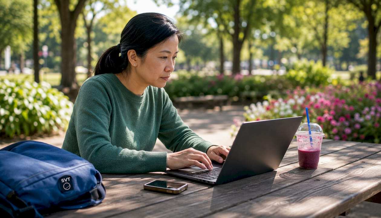 Woman testing virtual tour software at café table