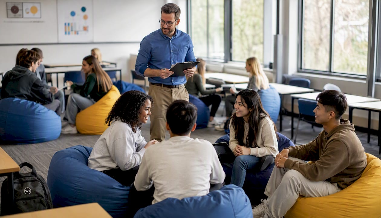 University students engaging in peer instruction groups.