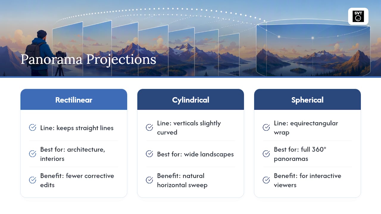 Diagram comparing panoramic photo projection types