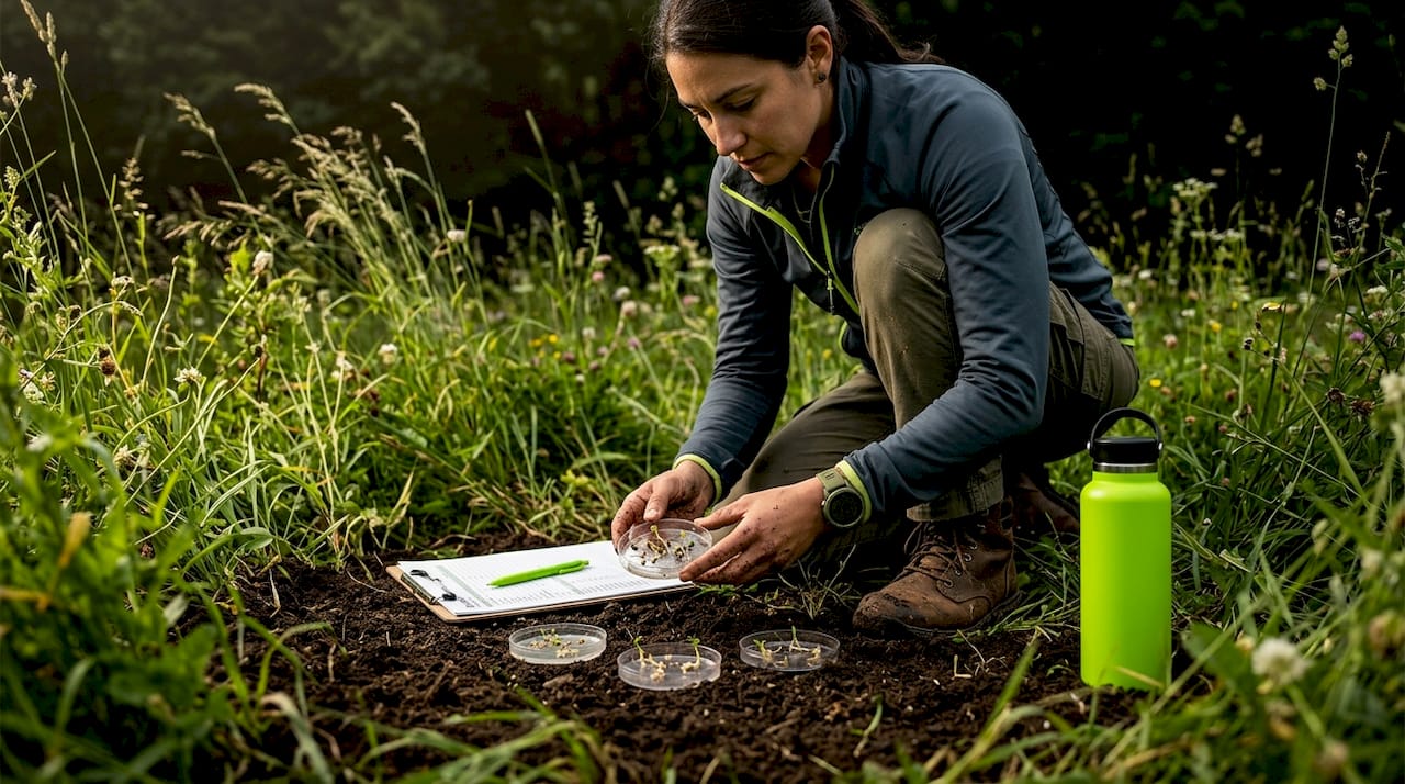 Ecologist observing seed germination in grassland