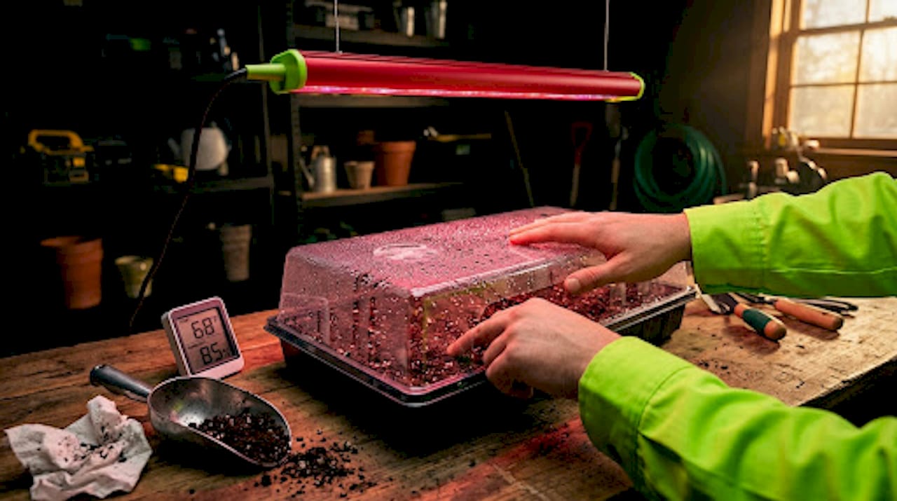 Hands checking seed tray under red LED bar