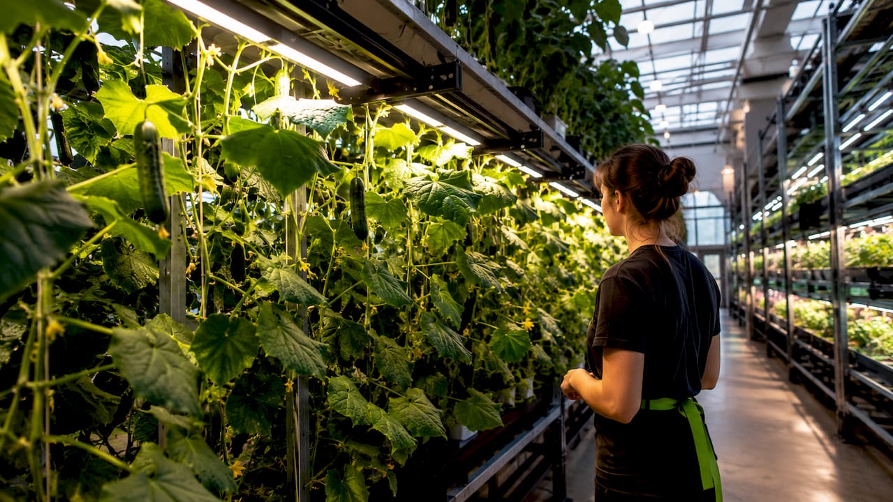 Close-up of LED grow lights inside dense plant canopy