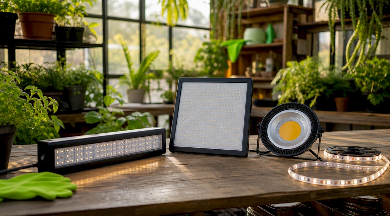 Various types of compact LED grow lights on table