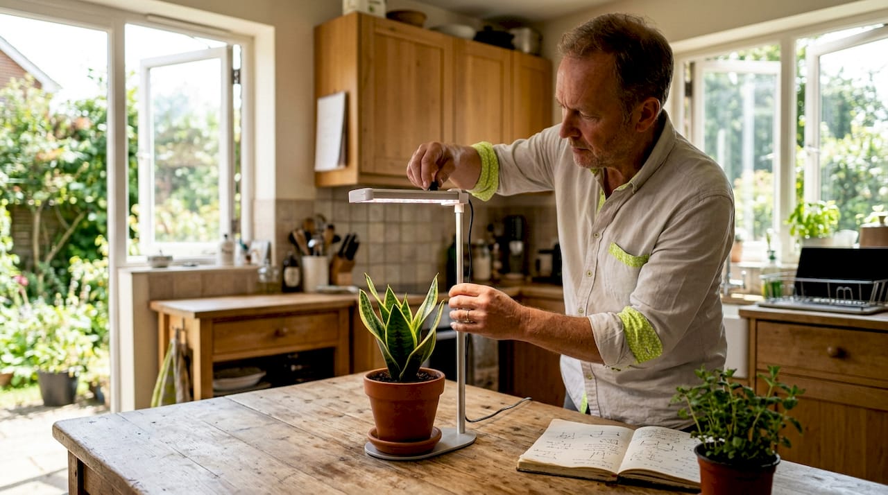 Man adjusting LED grow light on indoor plant