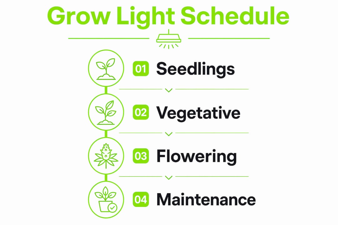 Vertical flow infographic showing grow light stages