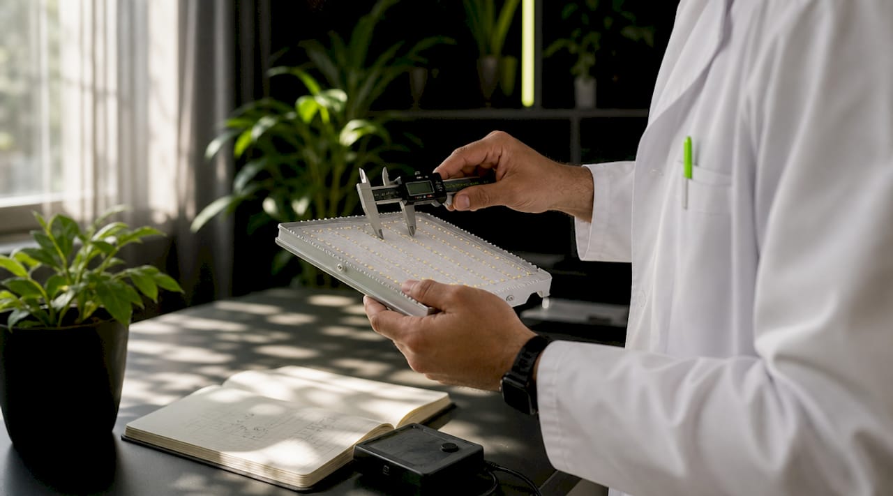Hands measuring LED grow light module in lab