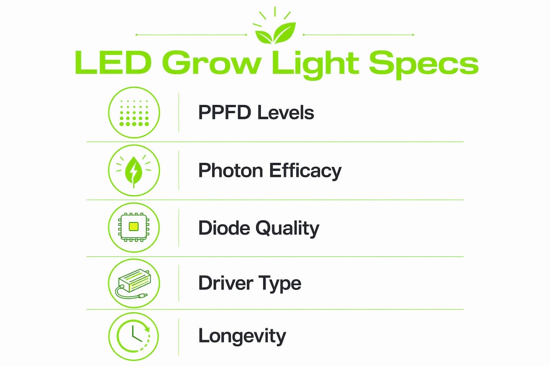 Infographic detailing key LED grow light specifications