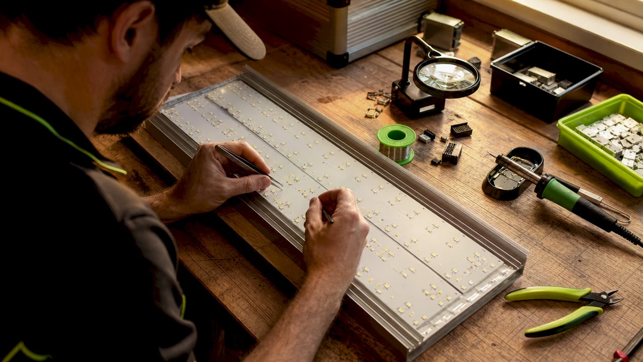 Technician assembling LED grow light panel components