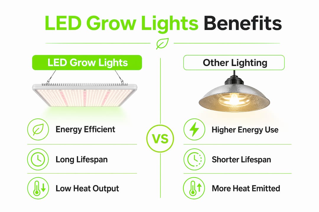 Infographic comparing LED grow lights and other lighting benefits