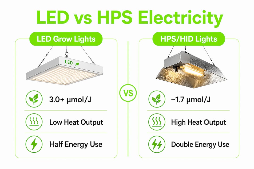 Comparison infographic of LED and HPS grow lights electricity