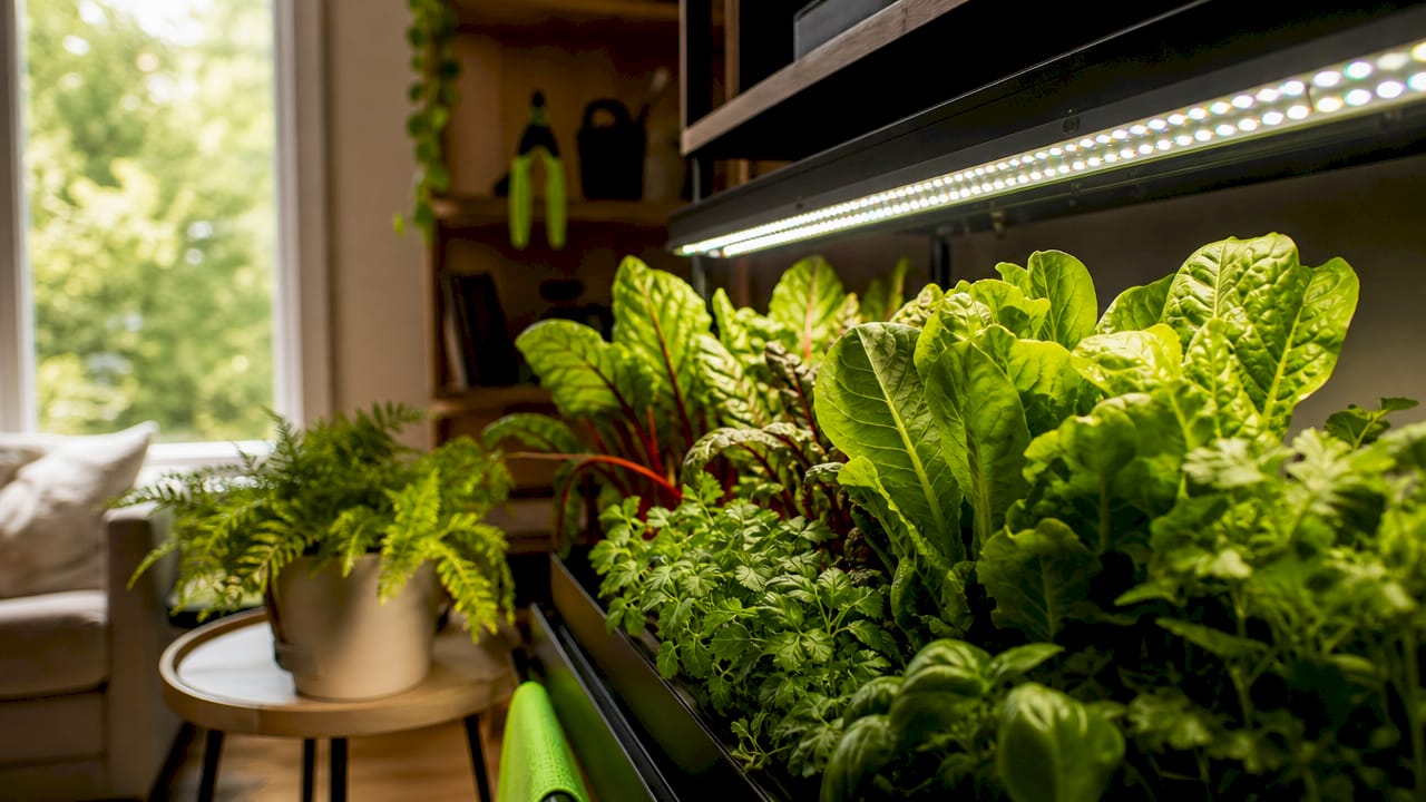 Close-up of vibrant leafy greens under grow lights