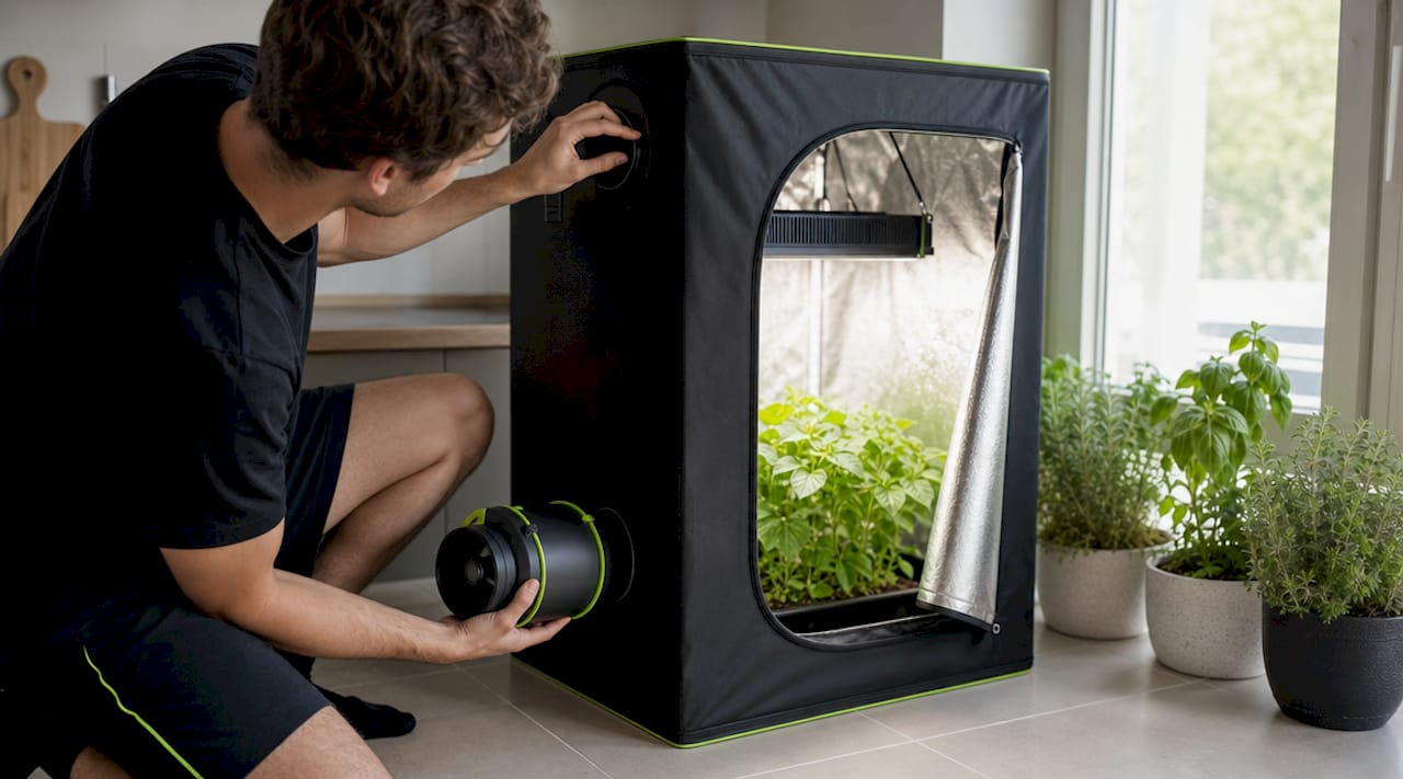 Hands adjusting ventilation on mini grow tent