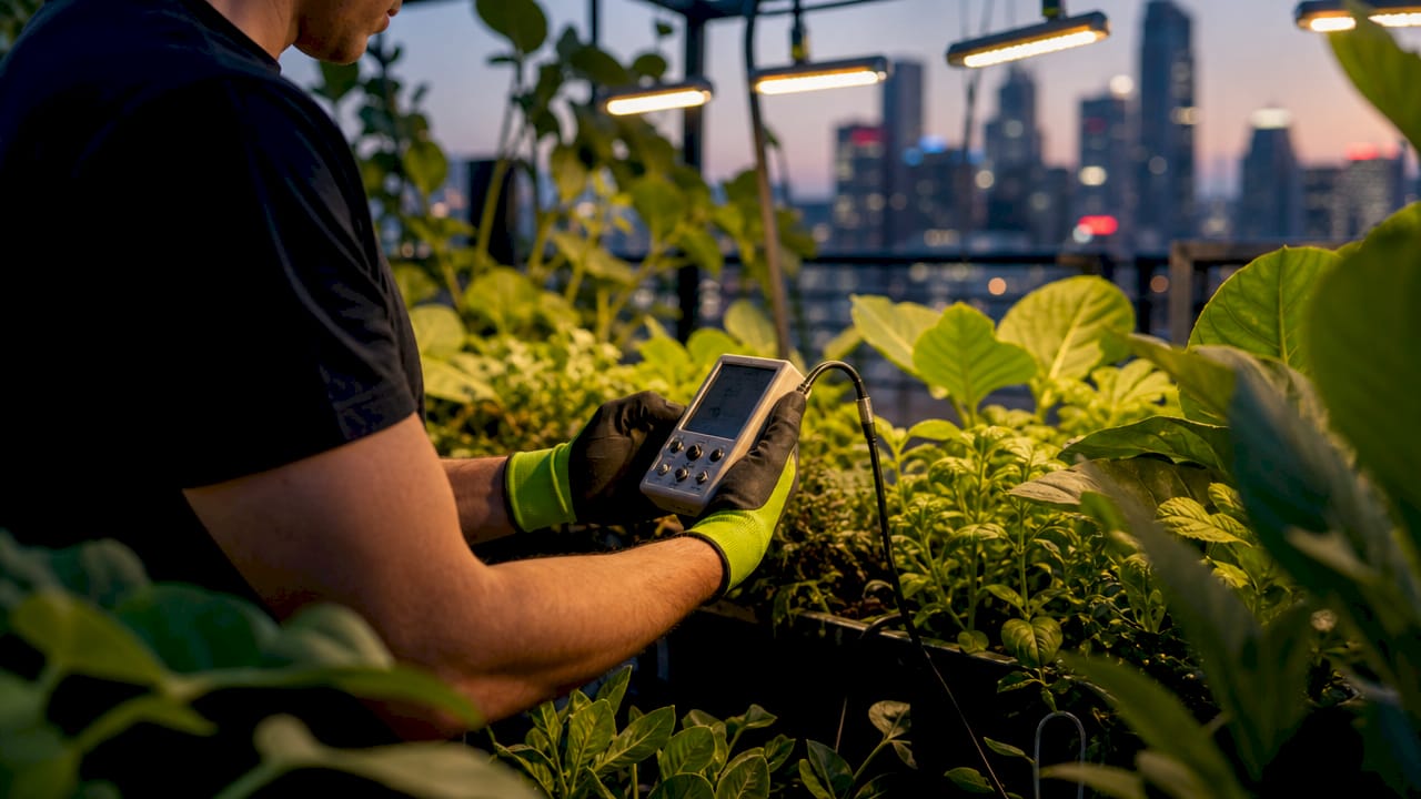 Hands using digital sensor in indoor garden