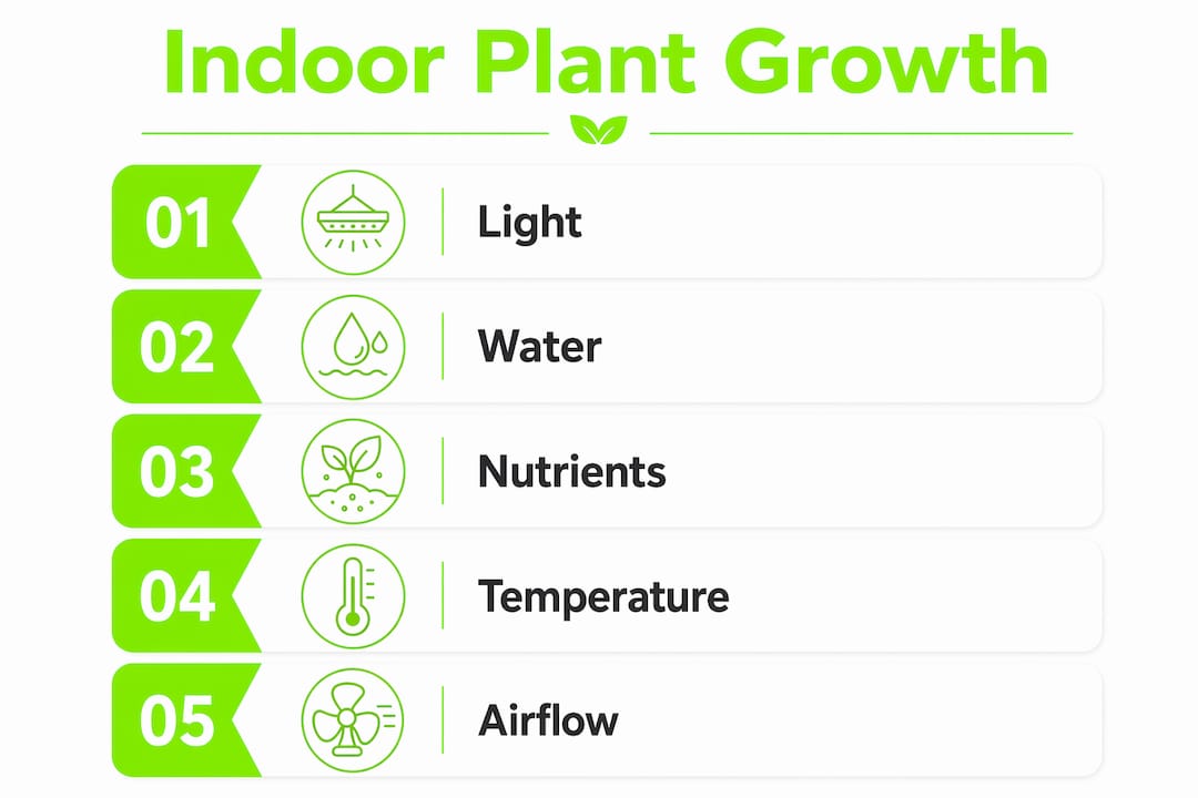 Infographic on key indoor plant growth factors