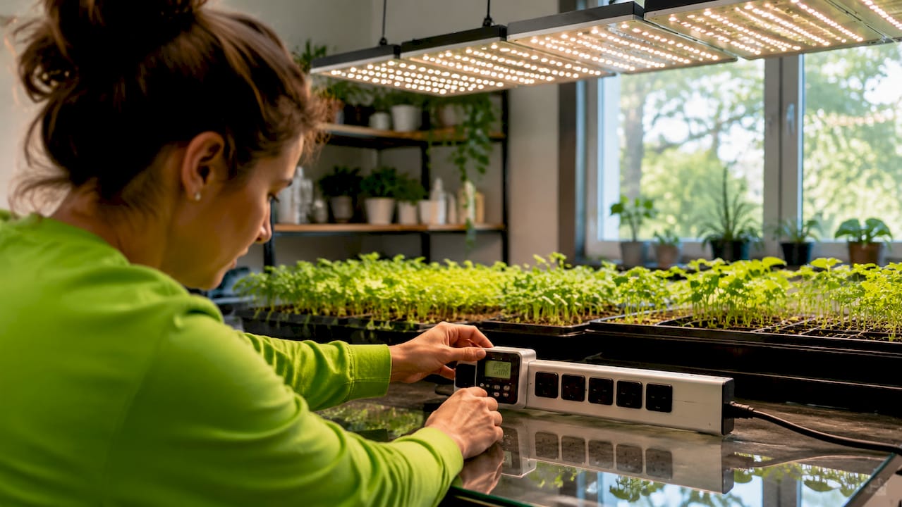 Hands adjusting seedling light timer
