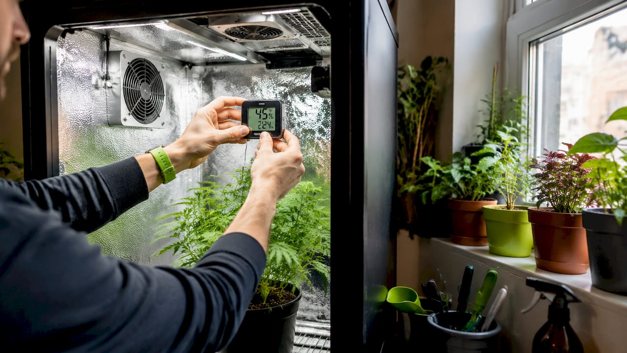 Hands adjusting hygrometer inside grow cabinet