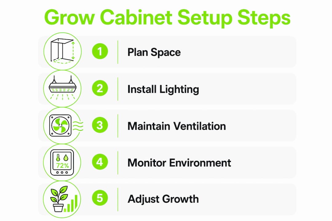 Infographic outlining grow cabinet setup steps