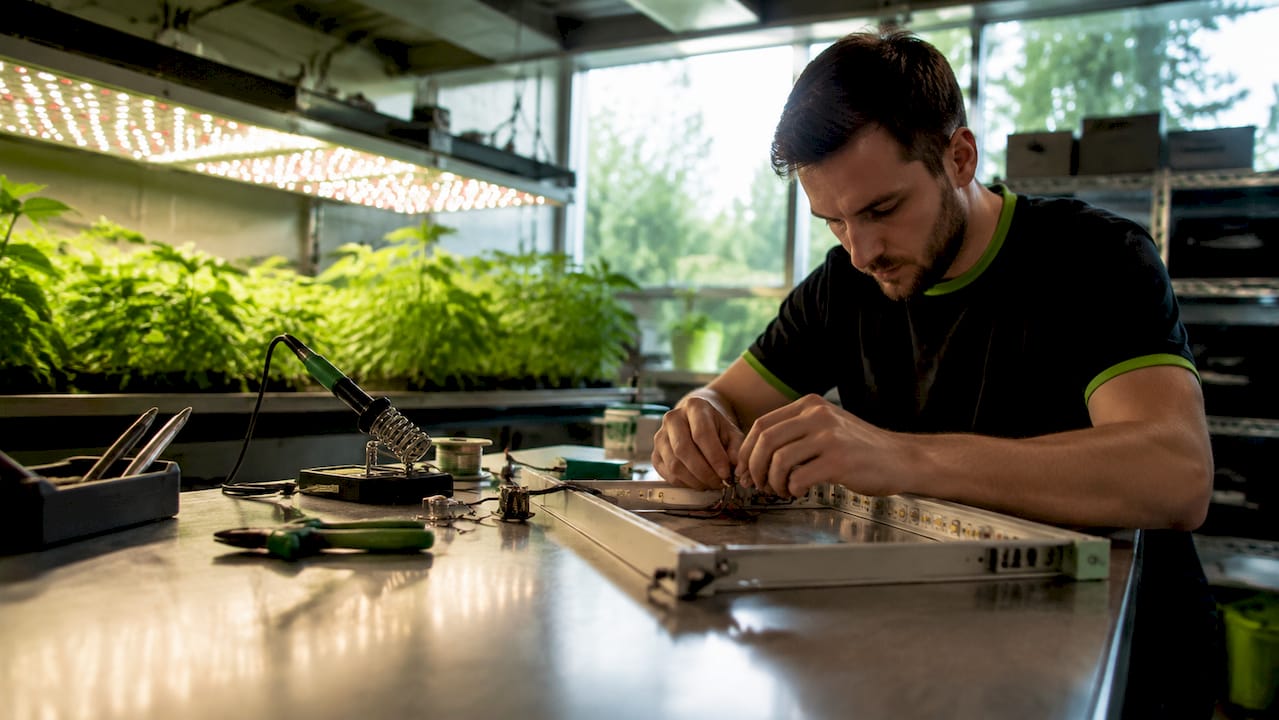 Technician assembling full-spectrum LED micro grow light kit