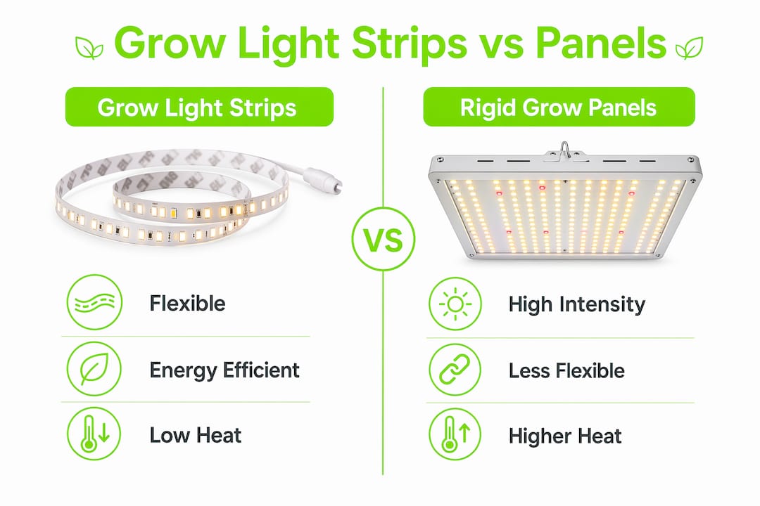 Comparison infographic of grow light strips and panels