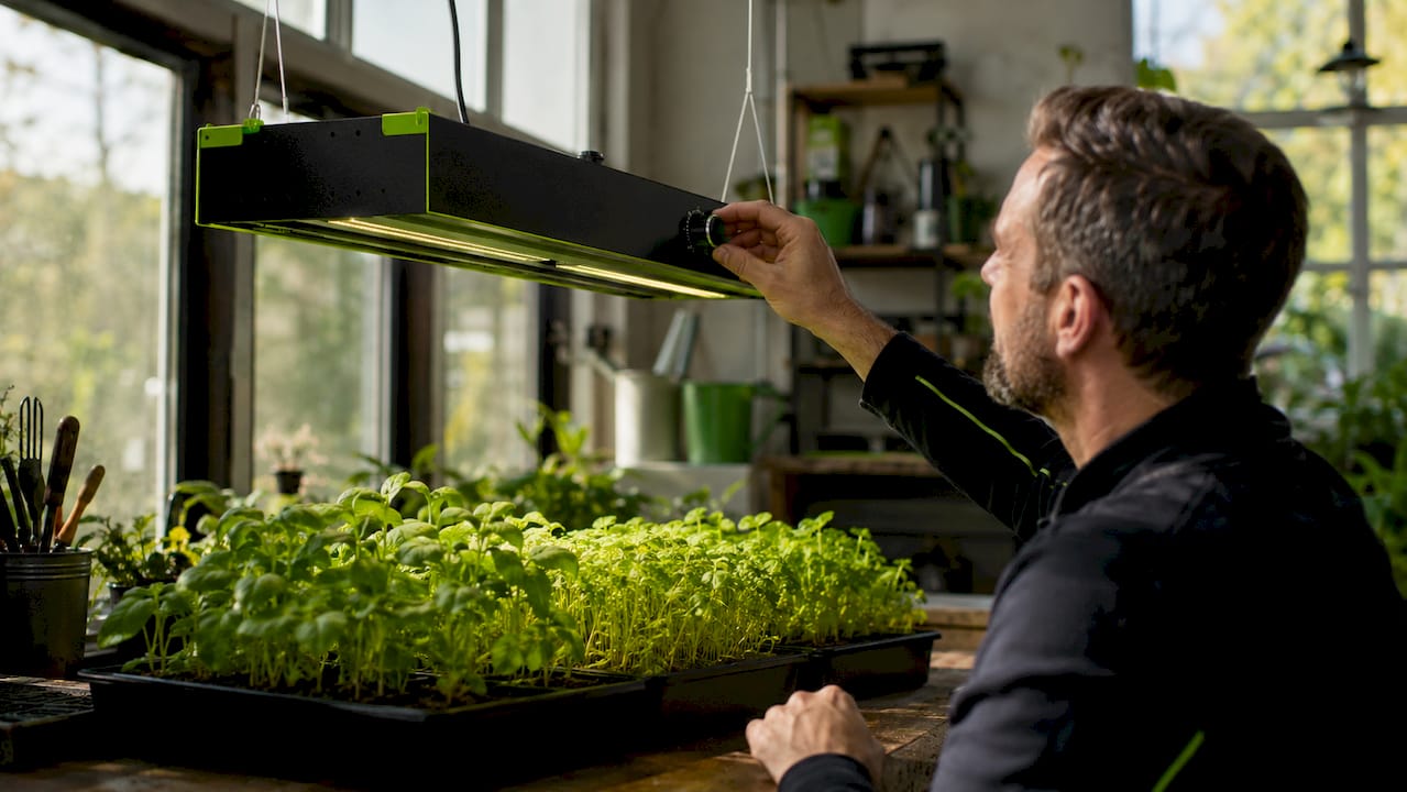 Hands adjusting dimmable LED light over seedlings