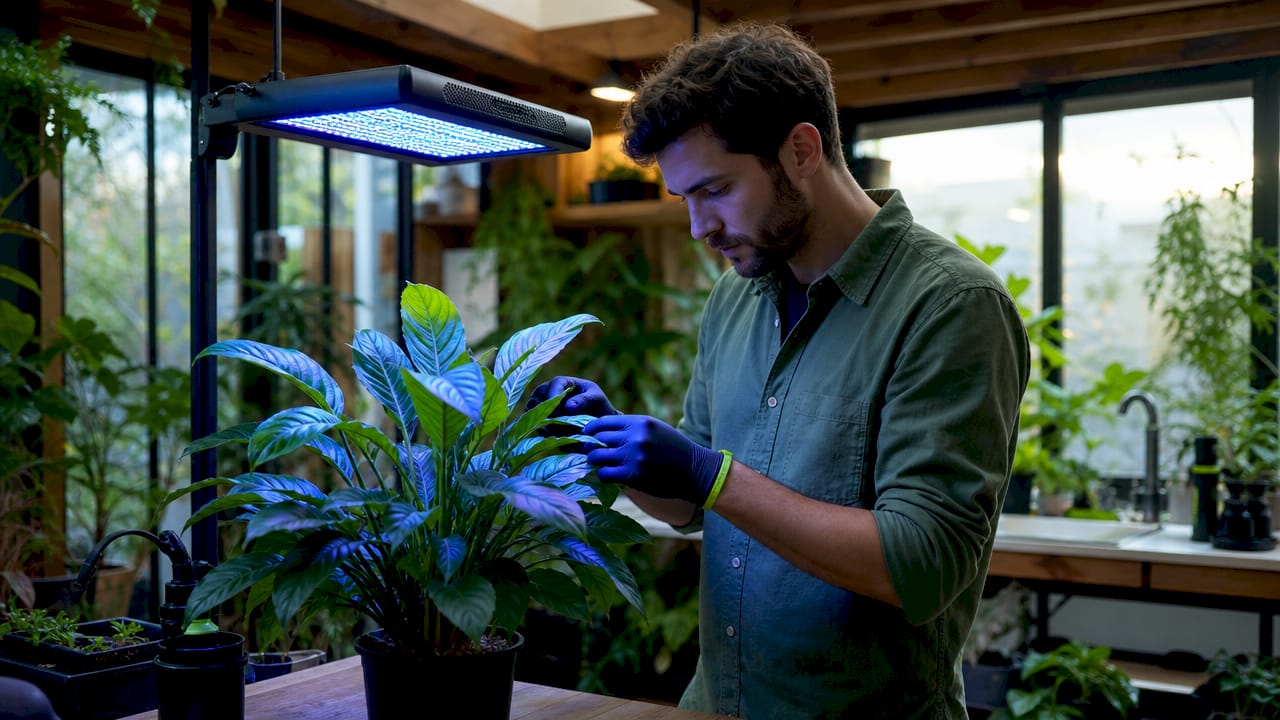 Hands examining plant structure under blue light