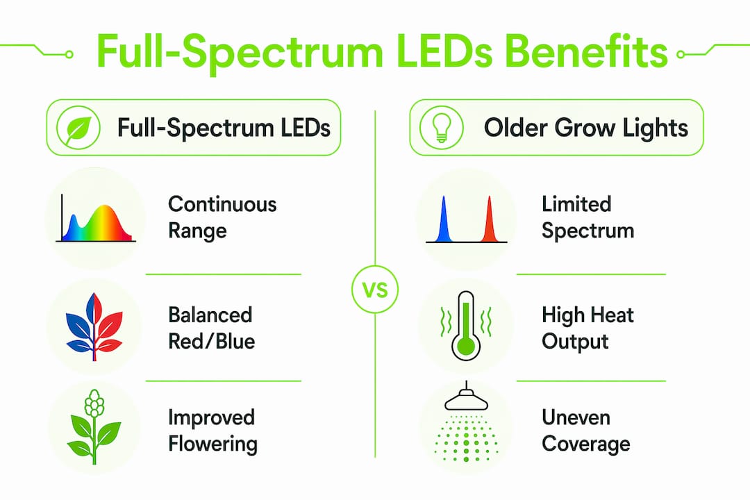 Infographic comparing full-spectrum LEDs and older grow lights