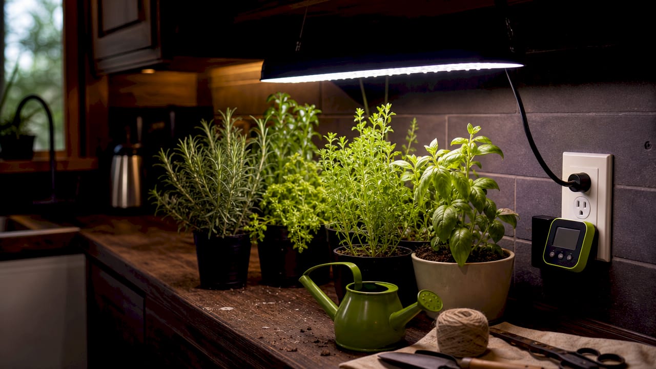 Overhead view of LED grow light setup on kitchen counter