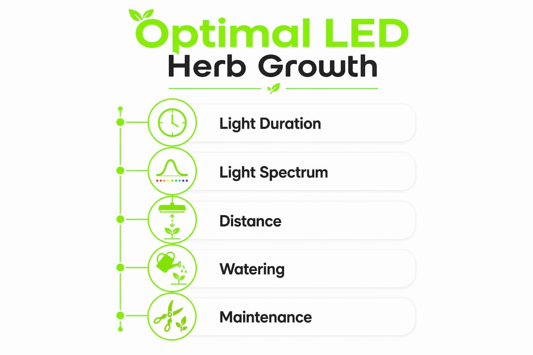 Infographic of optimal LED conditions for herb growth