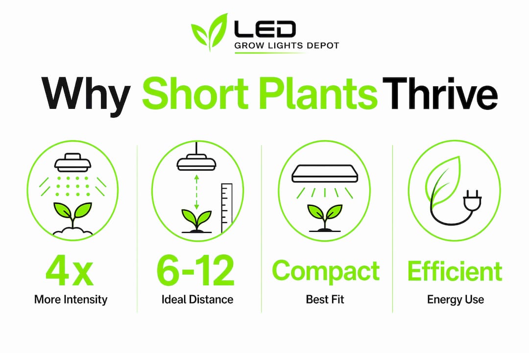 Infographic illustrating benefits of short plants with small grow lights