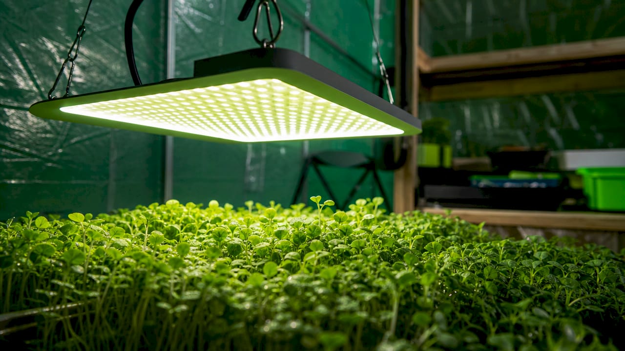 Close-up small LED light above microgreens