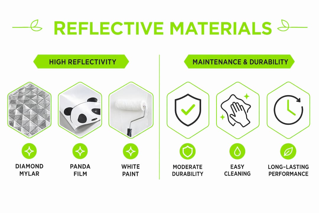 Comparison infographic of reflective materials' properties in grow tents
