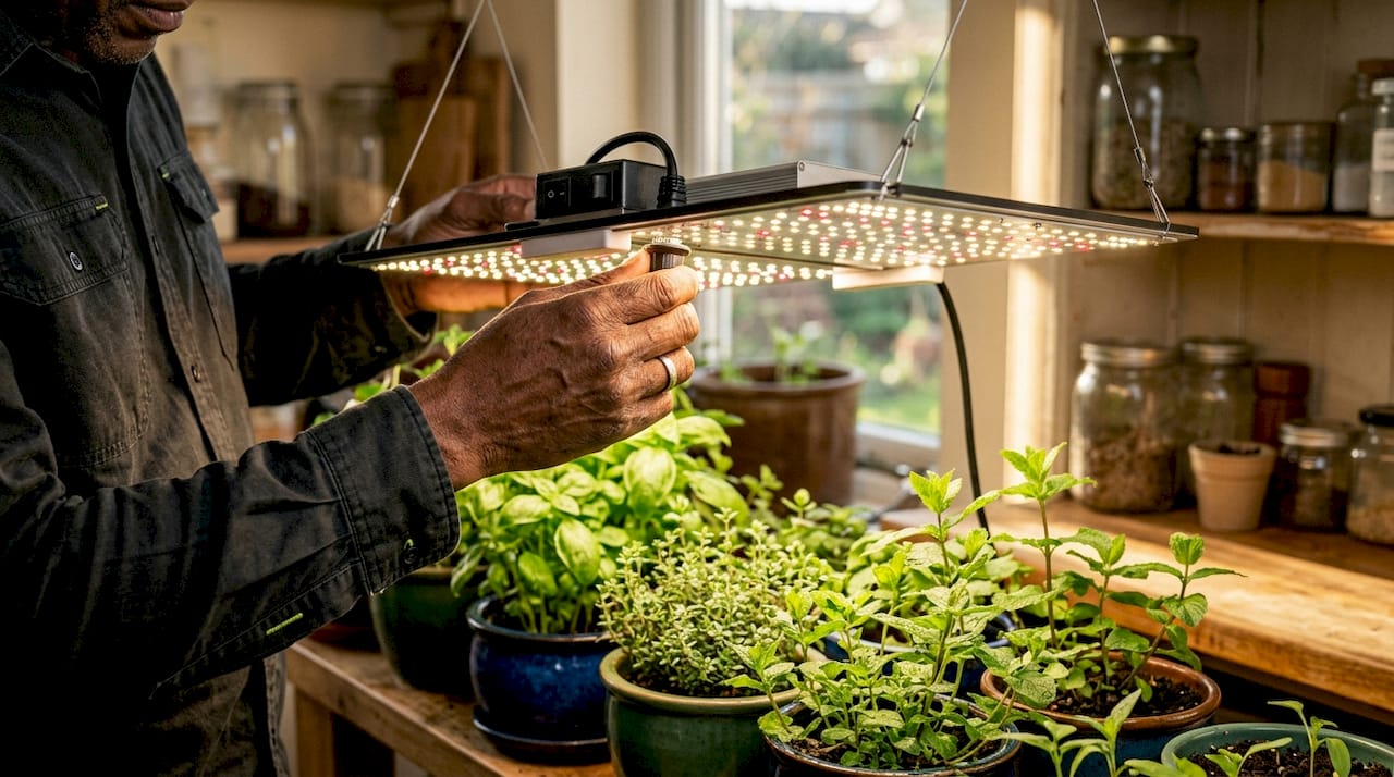 Hands dimming LED grow light above indoor herb shelves