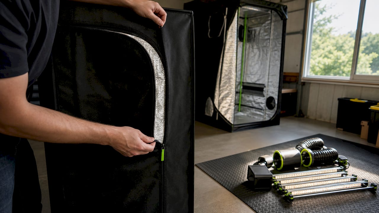 Hands adjusting zipper on small grow tent