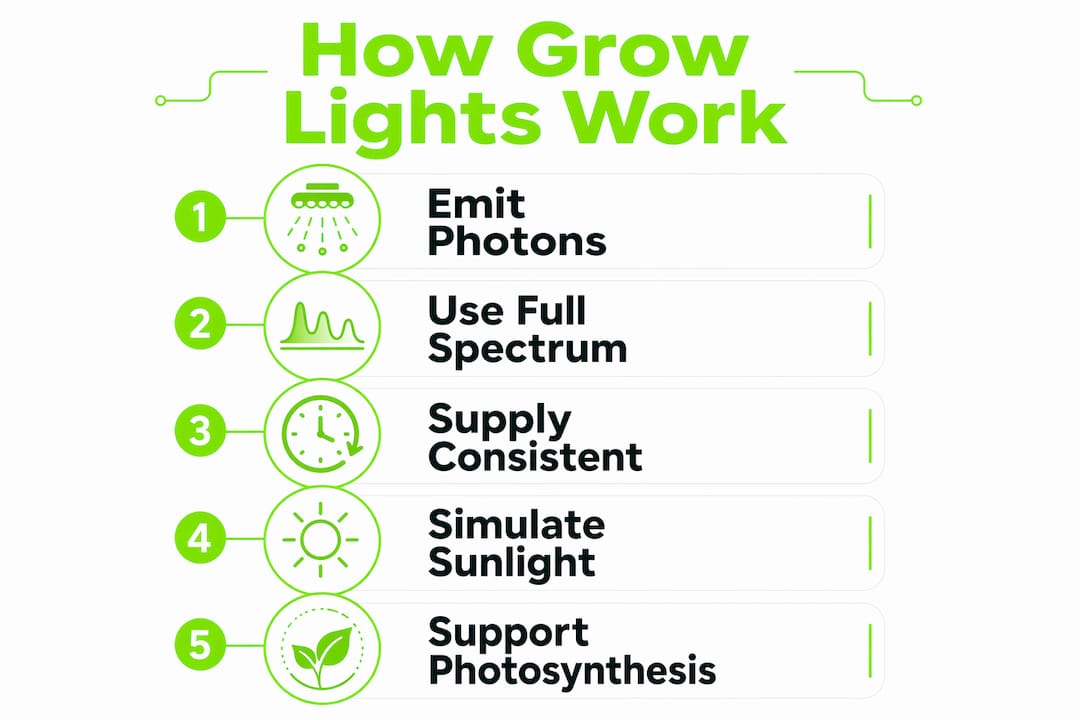 Infographic illustrating grow light working steps