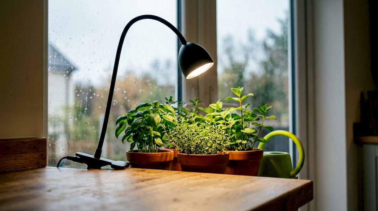 Clip-on LED grow light above leafy herbs