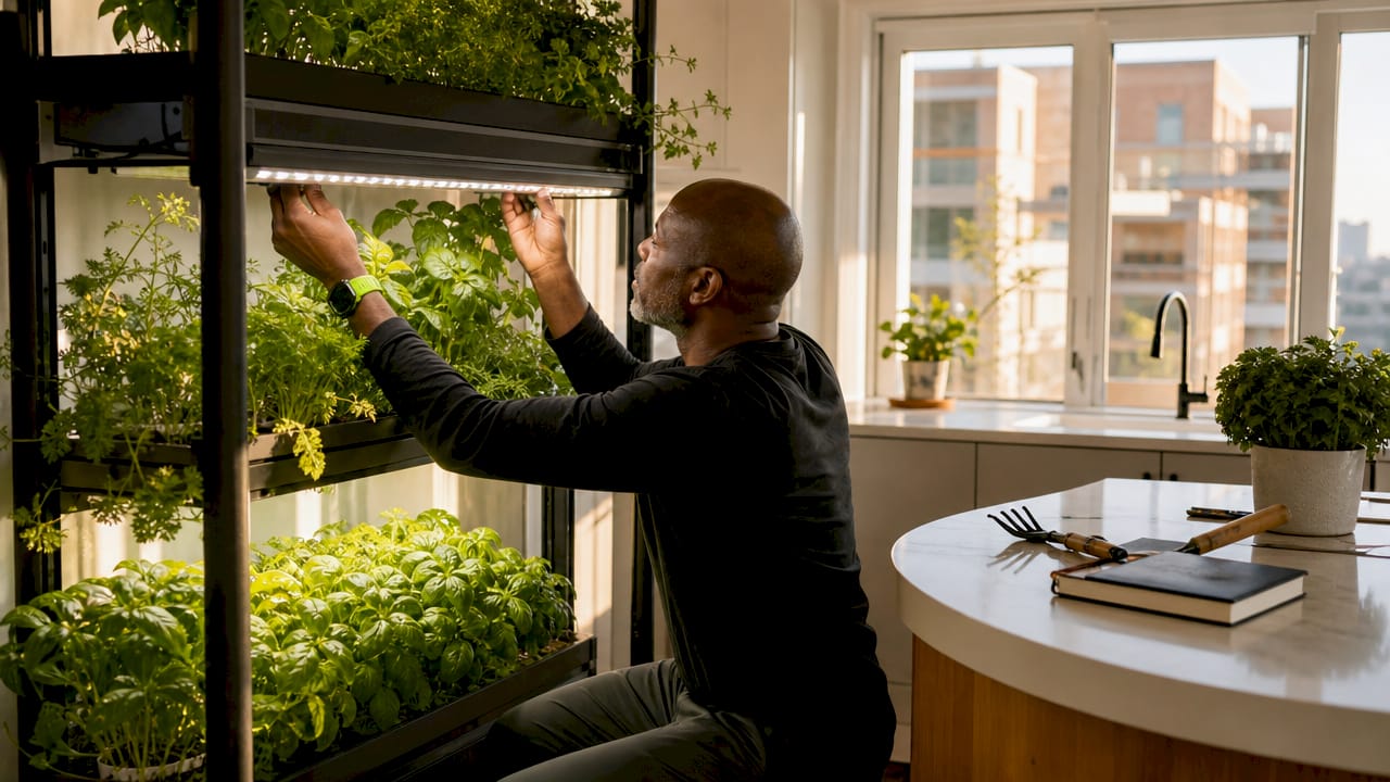 Man adjusting LED strip light on vertical herb garden rack