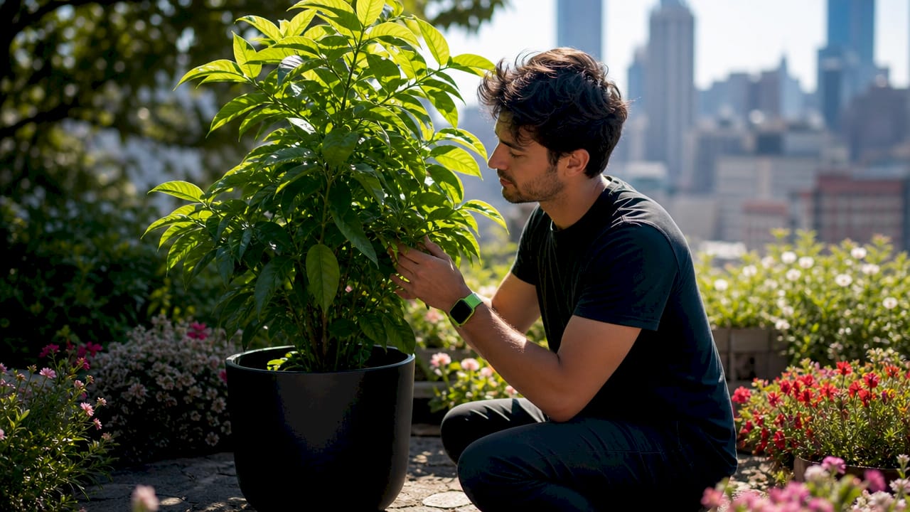 Side view of plant showing uneven lighting contrast