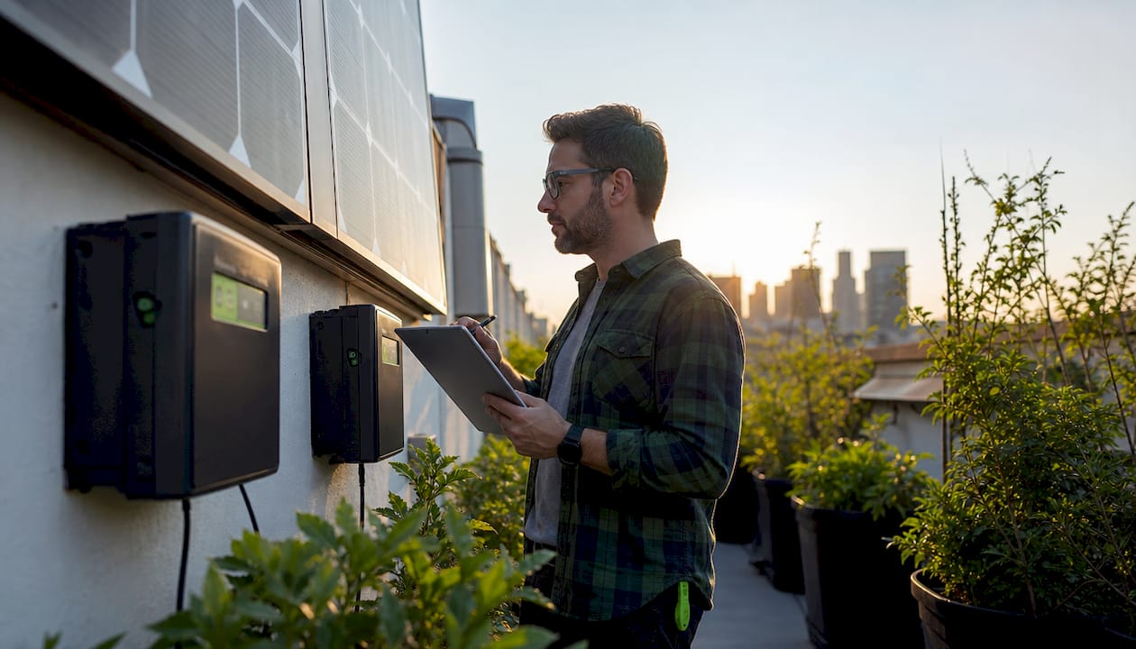 Engineer reviewing energy efficiency in grow room