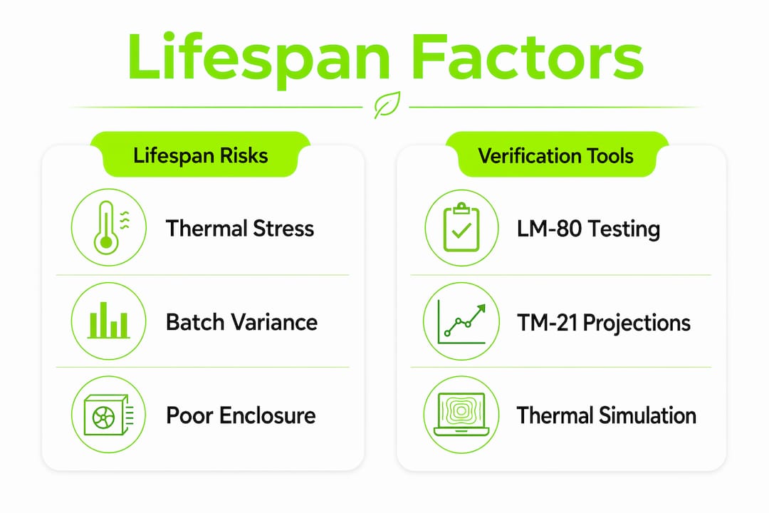Infographic comparing LED lifespan risks and verification tools